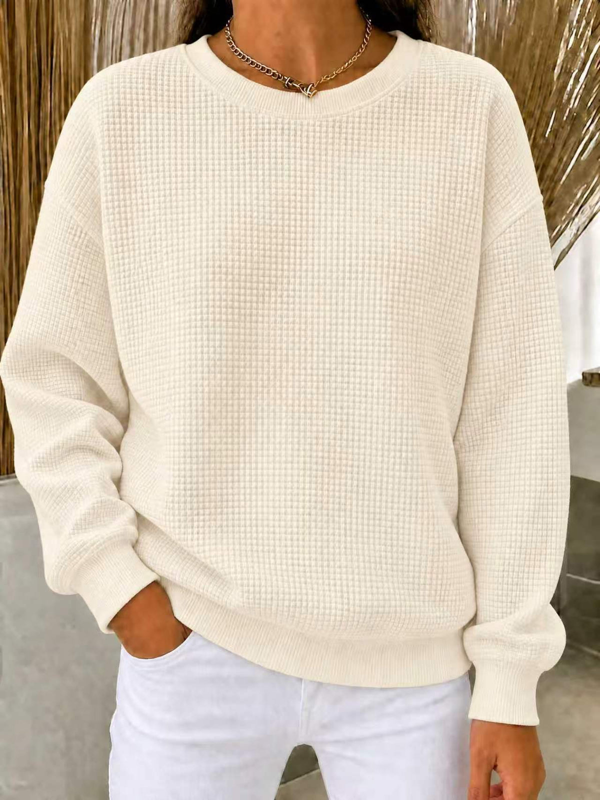 Women's Waffle Knit Oversized Crew Neck Long Sleeve Top