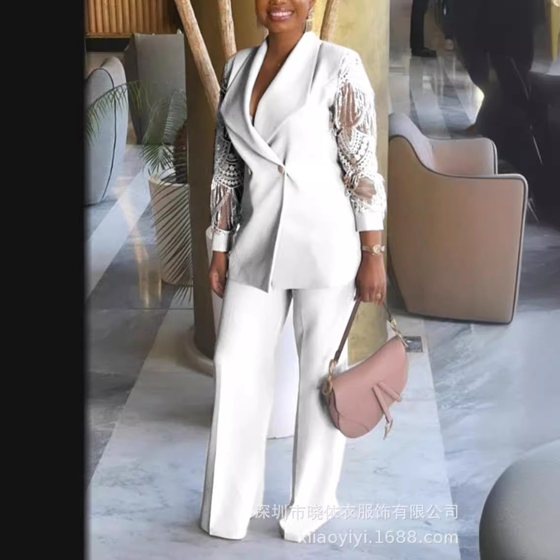 Women's Lace Sleeve Blazer & Pants Workwear Two Piece Set