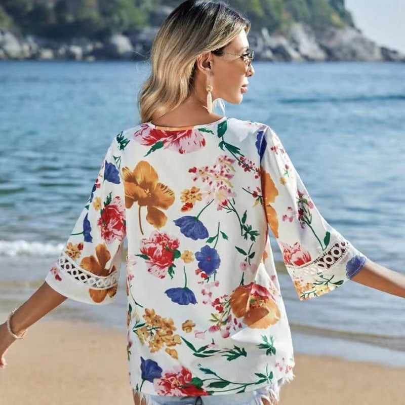 Women's Floral Lace V-Neck Bell Sleeve Boho Summer Blouse