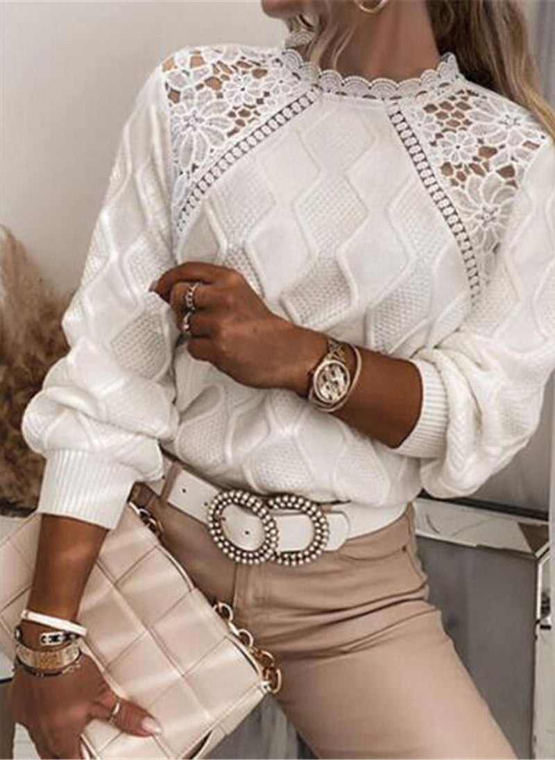 Women's Lace Shoulder Cable Knit Pullover Sweater