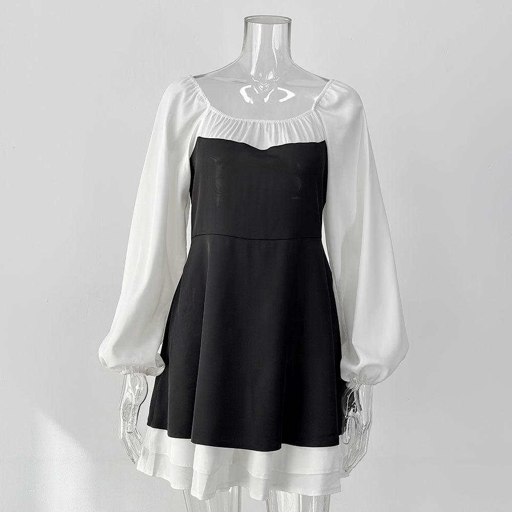Black White Square Neck Puff Sleeve Ruffle A-Line Dress