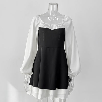 Black White Square Neck Puff Sleeve Ruffle A-Line Dress