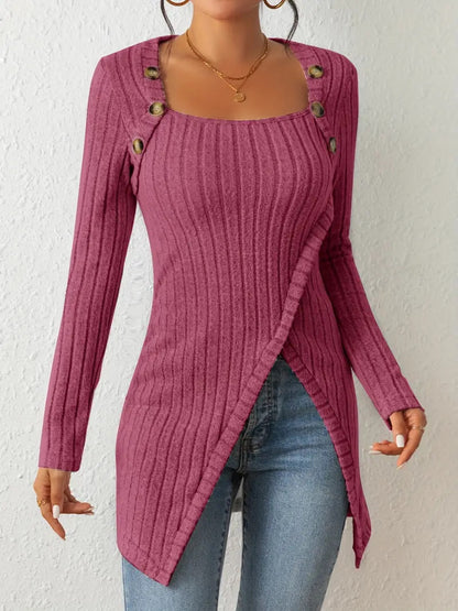 Square Neck Ribbed Button Detail Asymmetric Tunic Sweater