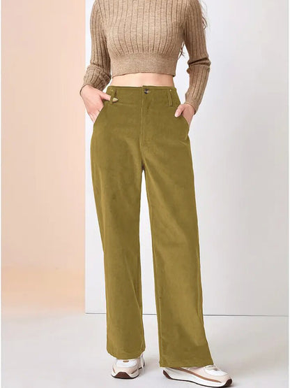 High Waist Corduroy Wide Leg Pants with Pockets