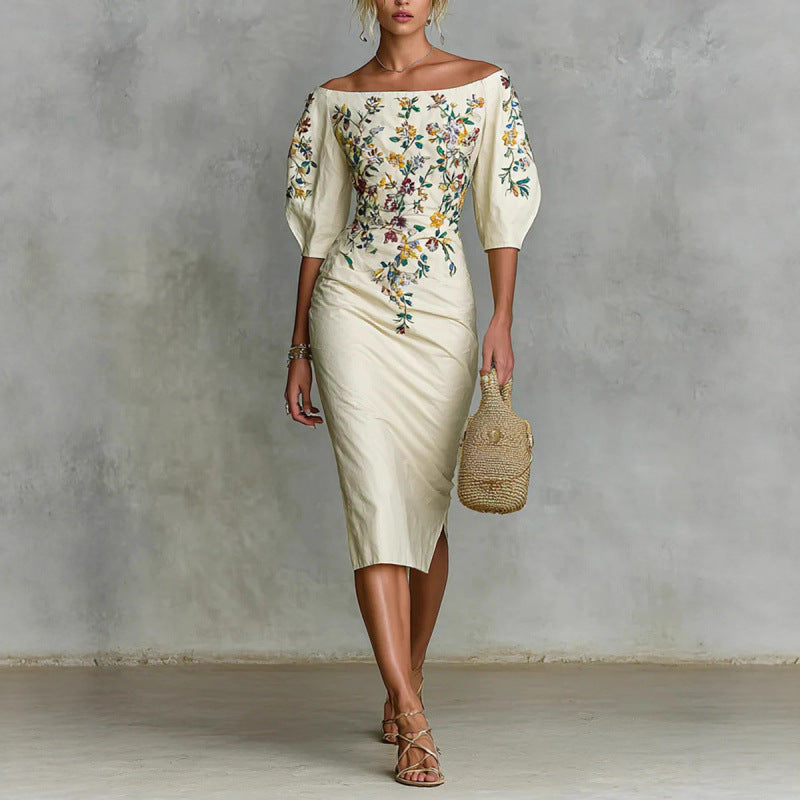 Off Shoulder Floral Midi Dress Puff Sleeve Bodycon