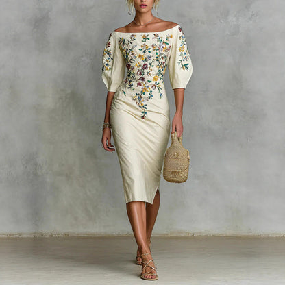 Off Shoulder Floral Midi Dress Puff Sleeve Bodycon