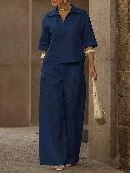 Women's Solid Matching Set Wide Leg Pants Collared Top