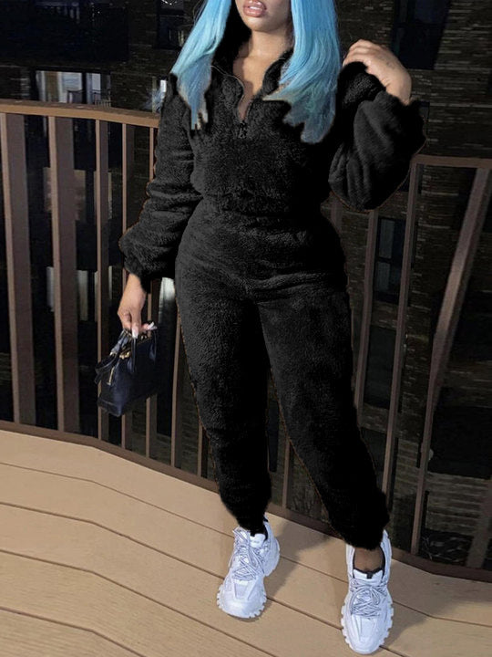 Womens Sherpa Fleece Half Zip 2 Piece Jogger Set