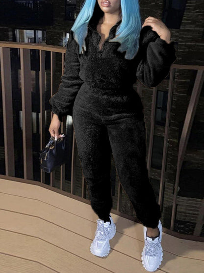 Womens Sherpa Fleece Half Zip 2 Piece Jogger Set