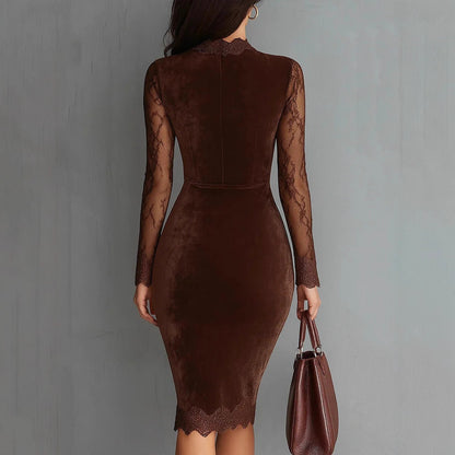 Sexy Velvet Lace Bodycon Midi Dress Long Sleeve V-Neck