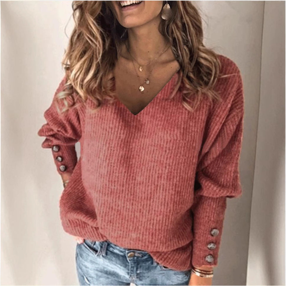 Women's V Neck Waffle Knit Sweater Button Sleeve Top