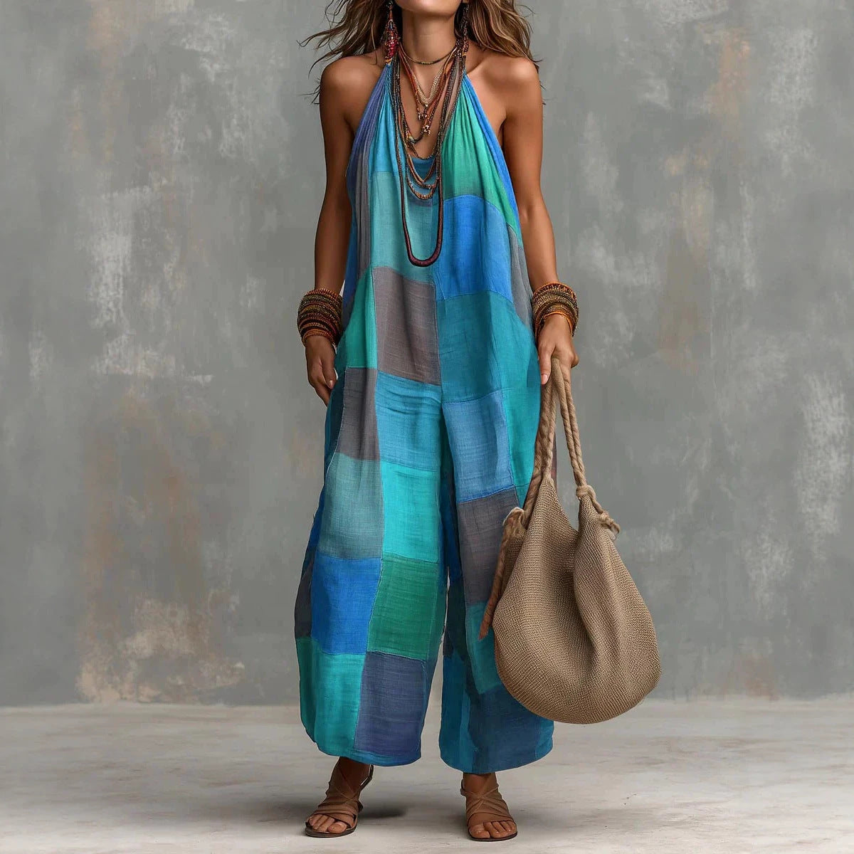 Women's Boho Colorblock Wide Leg Jumpsuit