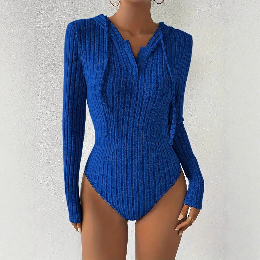 Ribbed Hooded Bodysuit Women Long Sleeve Bodycon