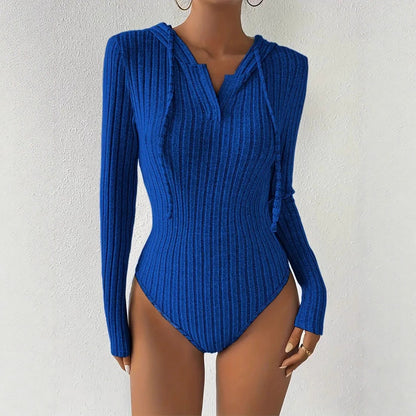 Ribbed Hooded Bodysuit Women Long Sleeve Bodycon