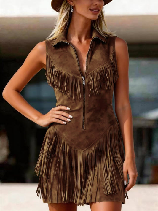 Faux Suede Fringe Mini Dress Zip Front Western