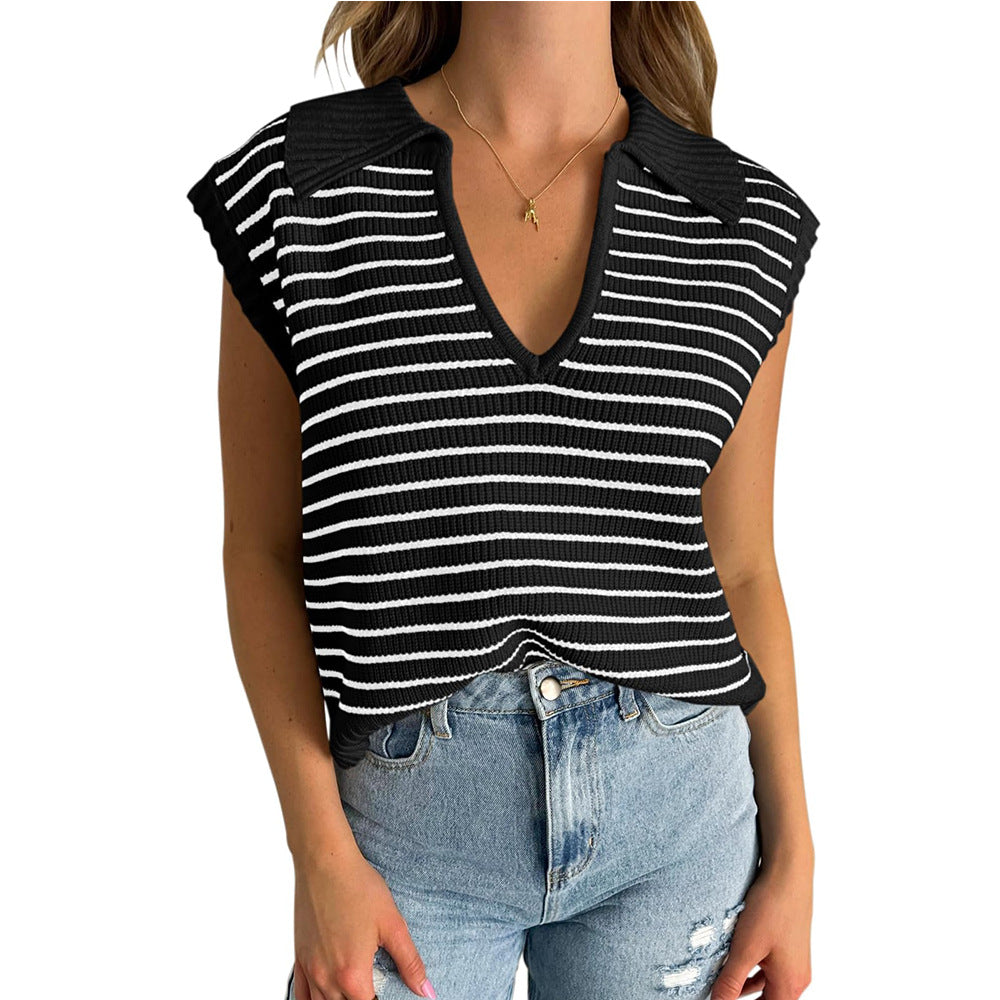 V-Neck Striped Knit Sweater, Casual Lapel Top
