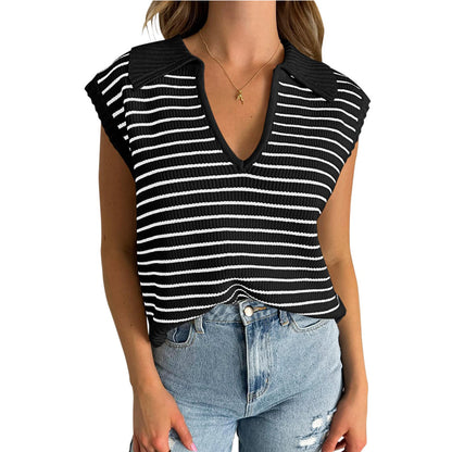 V-Neck Striped Knit Sweater, Casual Lapel Top