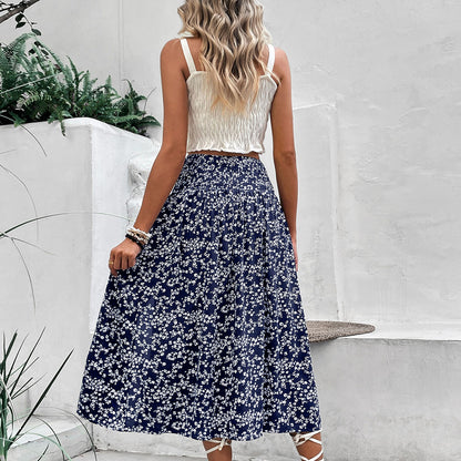Blue Floral High Waist Slit Midi Skirt Boho Vacation Skirt