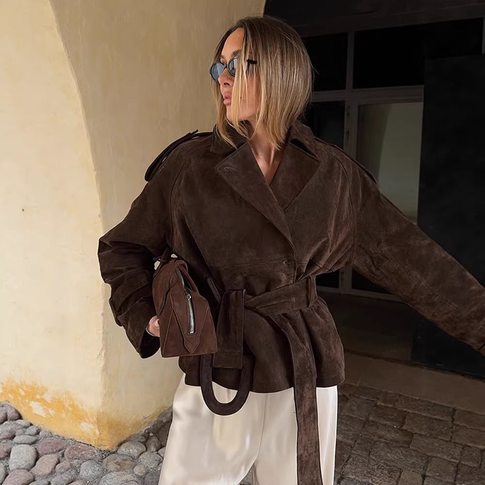 Women's Vintage Brown Belted Suede Jacket
