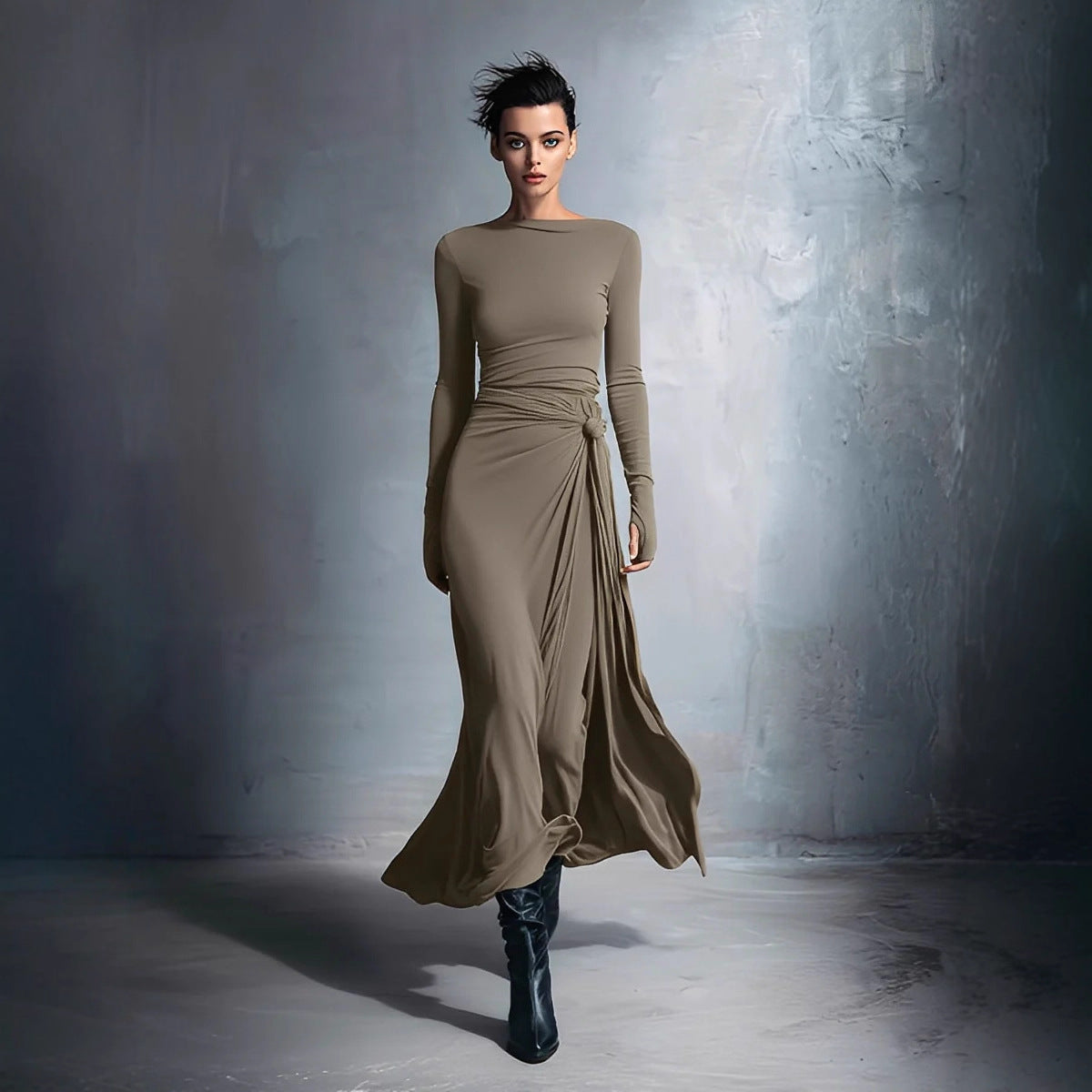 Women's Long Sleeve Knit Twist Front Wrap Maxi Dress