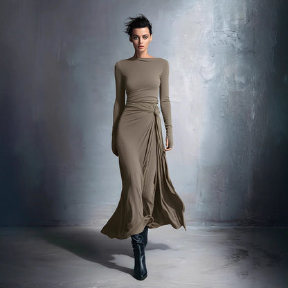 Women's Long Sleeve Knit Twist Front Wrap Maxi Dress