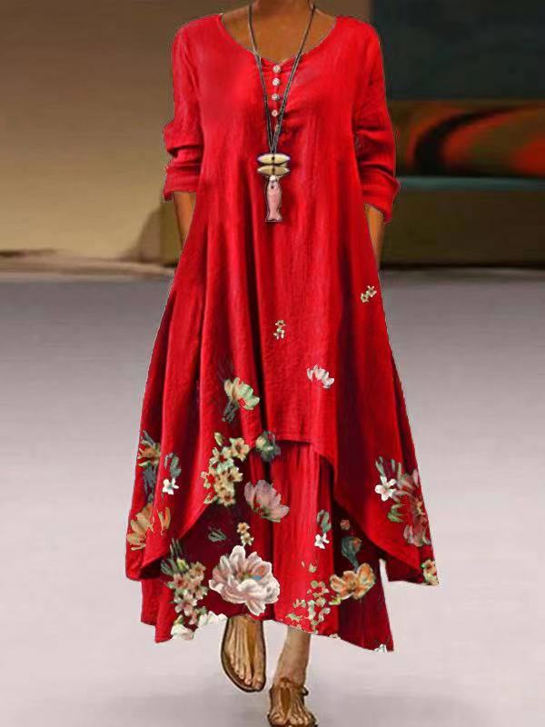 Women's Boho Floral Long Sleeve Asymmetrical Maxi Dress
