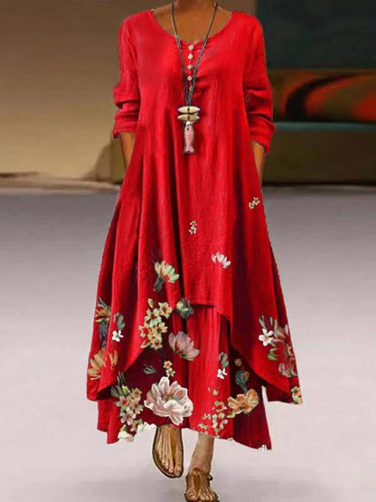 Women's Boho Floral Long Sleeve Asymmetrical Maxi Dress