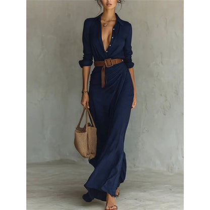 Elegant Belted Shirt Dress Long Sleeve Ruched Maxi
