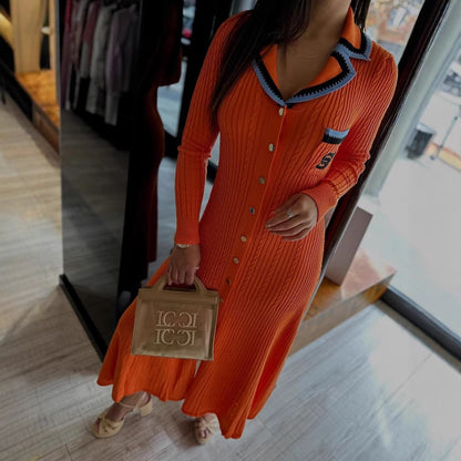 Long Sleeve Polo Collar Knit Bodycon Maxi Dress