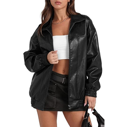 Women's Oversized Faux Leather Jacket Zip Up Collared
