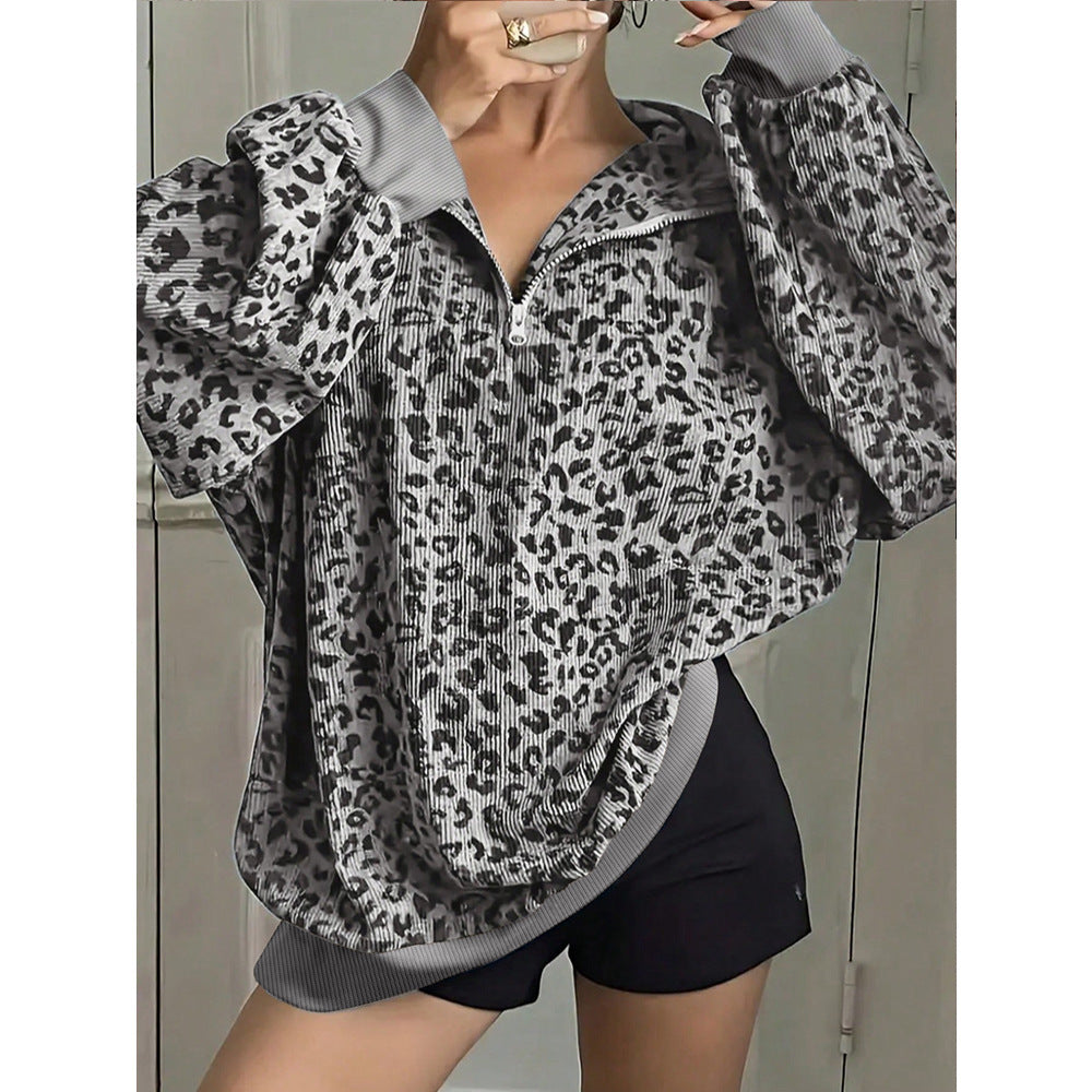 Leopard Print Oversized Quarter Zip Pullover Sweatshirt