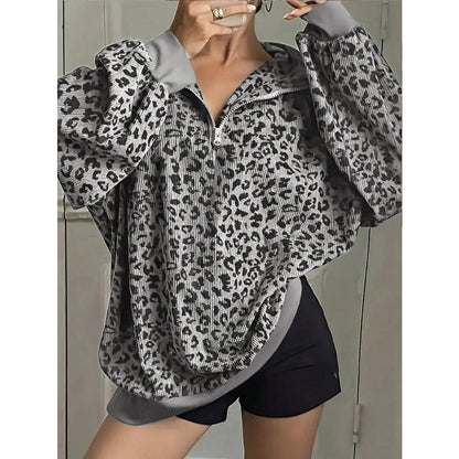 Leopard Print Oversized Quarter Zip Pullover Sweatshirt