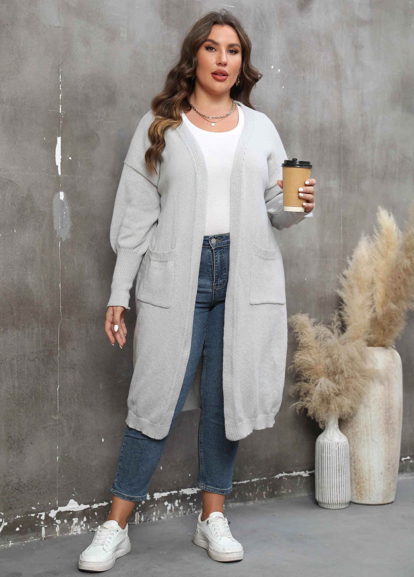 Loose Medium and Long Double Pocket Lantern Sleeve Sweater Cardigan