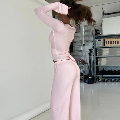 Fleece Flare Sleeve Wrap Top Wide Leg Pants Two Piece Set