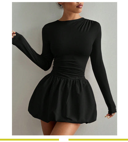 Long Sleeve Fitted Bubble Dress Ruched Waist Mini