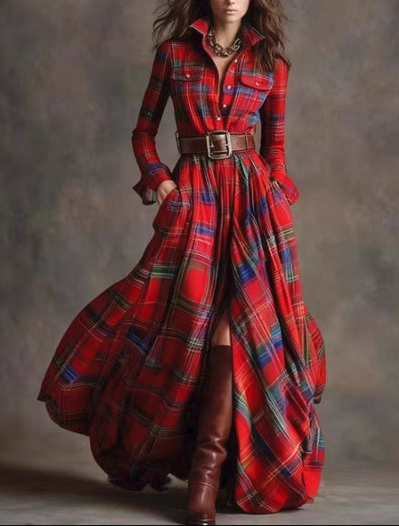 Women's Vintage Plaid Maxi Shirt Dress Long Sleeve Belted