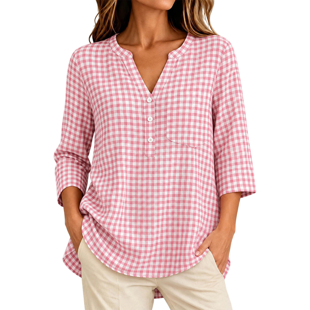 Women's Gingham V Neck 3/4 Sleeve Loose Casual Blouse