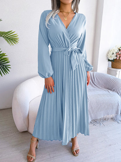 V-Neck Wrap Pleated Maxi Dress Long Sleeve Tie Waist
