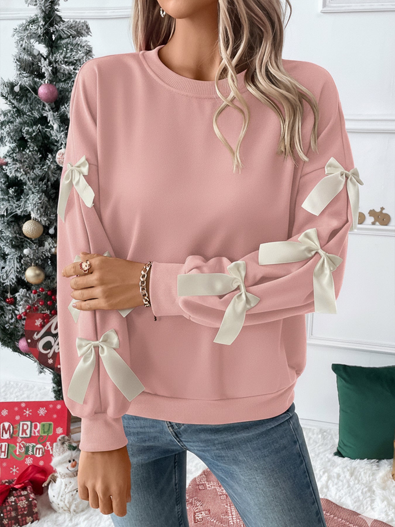 Bow Sleeve Round Neck Long Sleeve Sweatshirt