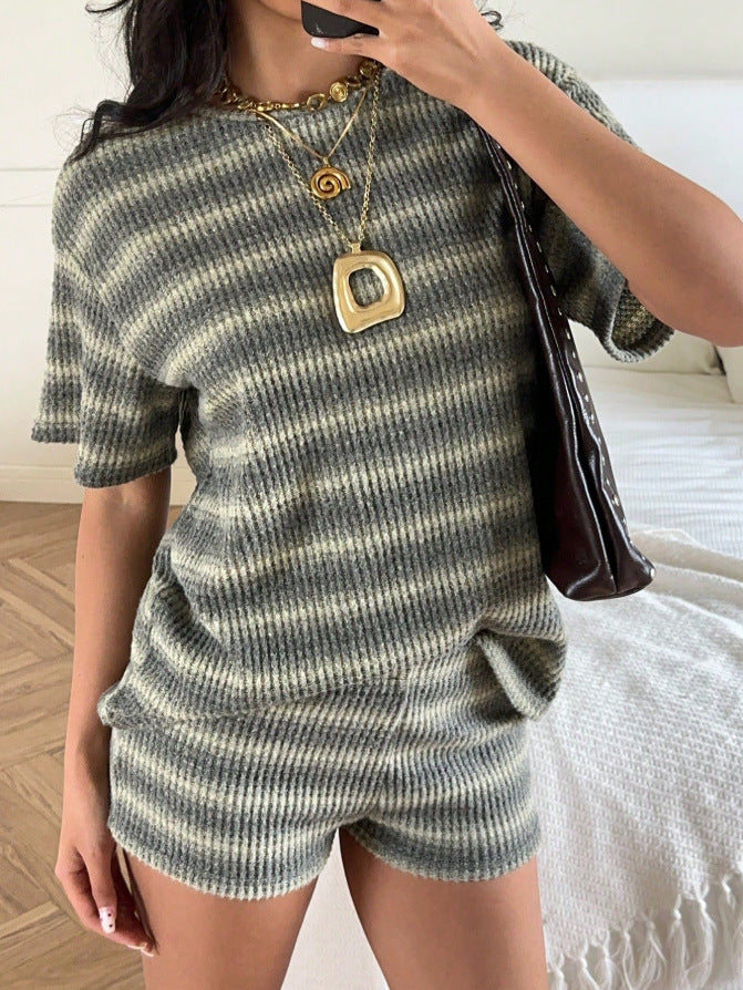 Striped Knit 2 Piece Lounge Set Women Short Sleeve Shorts