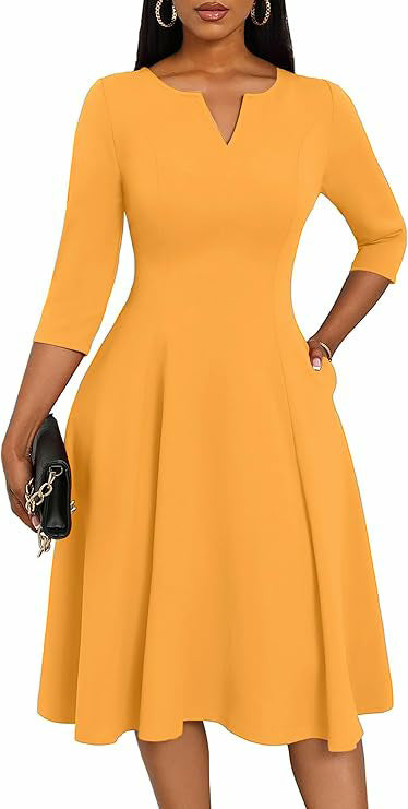 Women's 3/4 Sleeve V-Neck A-Line Midi Dress Wedding Guest