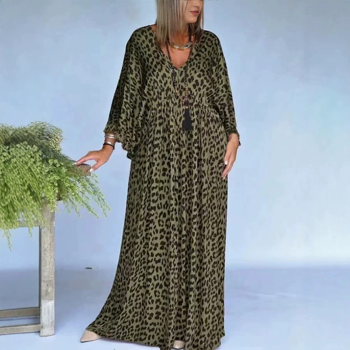 Leopard Print Maxi Dress V-Neck Batwing Sleeve
