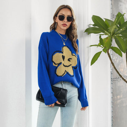 Cute Smiley Flower Oversized Crew Neck Knit Sweater