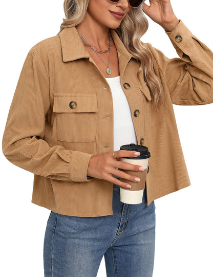 Women's Corduroy Cropped Shacket Button Down Jacket
