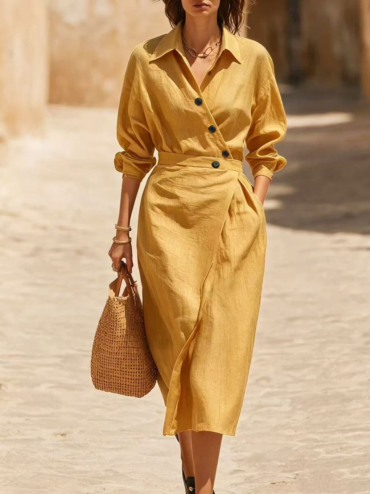 Women's Linen Shirt Dress Collared Wrap Midi Long Sleeve