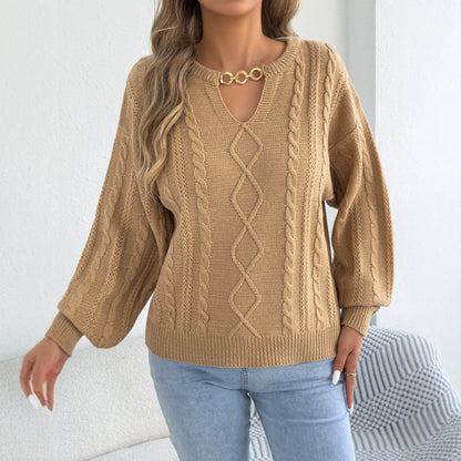 Women's Cable Knit Balloon Sleeve Chain Pullover Sweater