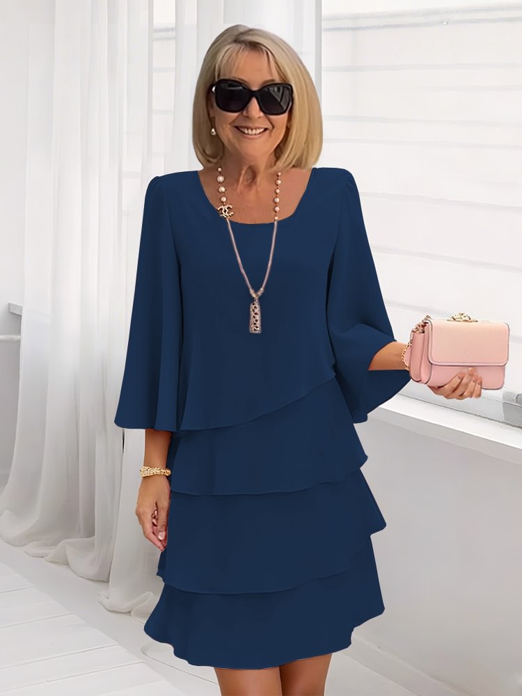 Women's Tiered Suede Midi Dress 3/4 Sleeve Work Casual