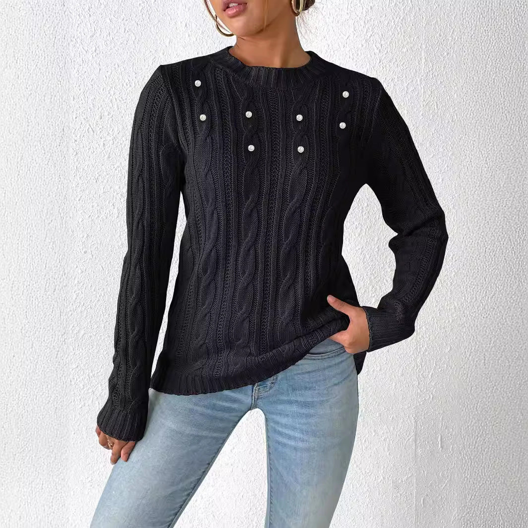 Women's Crew Neck Women's Top Simple Bottom Shirt Pearl Beads