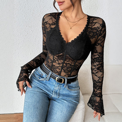 Black Lace Bodysuit V Neck Long Sleeve Sexy Top