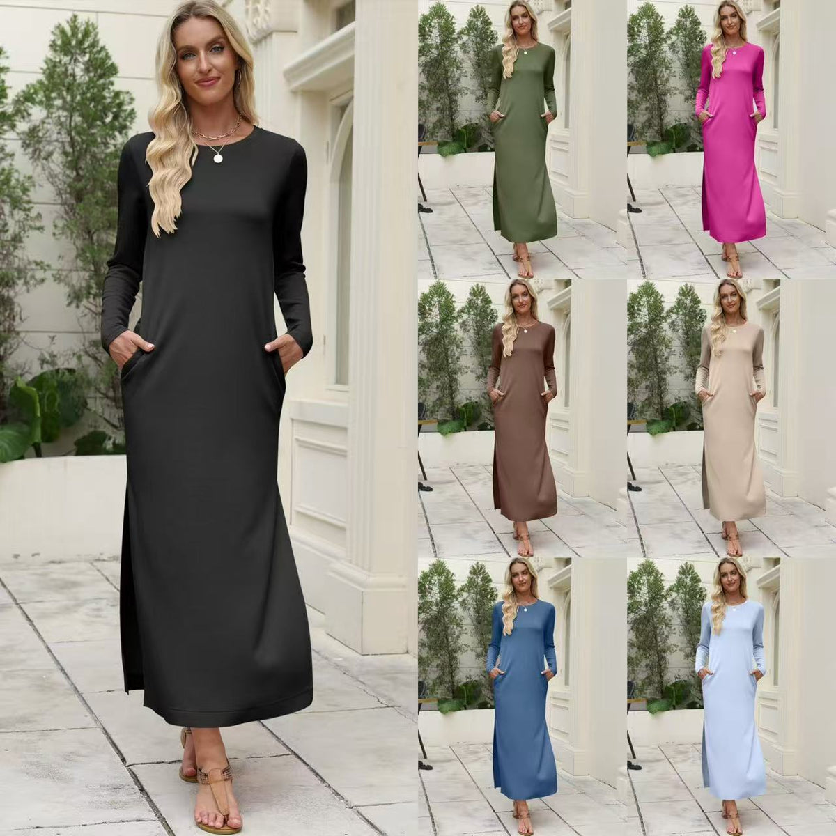 Women's Long Sleeve Maxi Dress with Pockets Side Slit